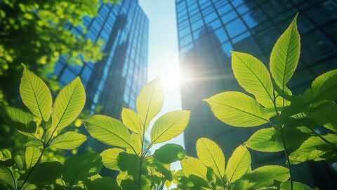 Plants growing against skyscrapers