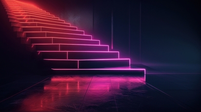 Abstract dark background with glowing lines and neon light in the shape of stairs on black floor